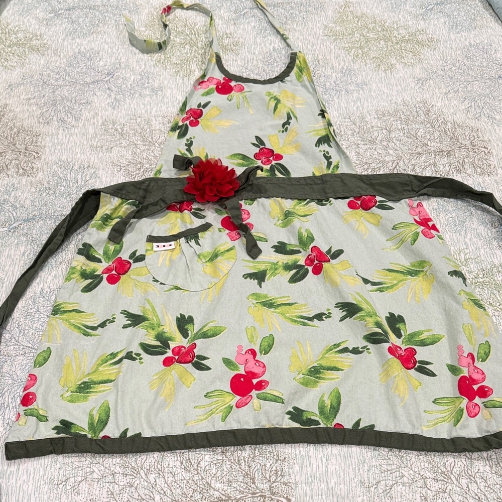 Holly Leaves Kitchen Apron with Flower Accent